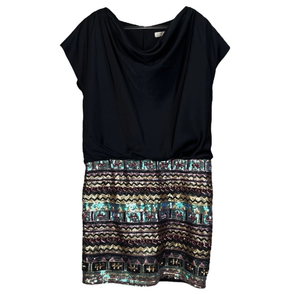 Aidan Mattox Aztec Striped Sequined Cocktail Dress Black Gold Multicolor Size 6